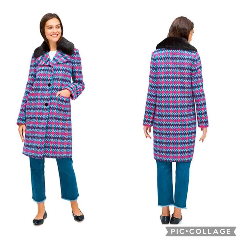 KATE SPADE ♠️ multi plaid houndstooth Faux fur collar coat size 2